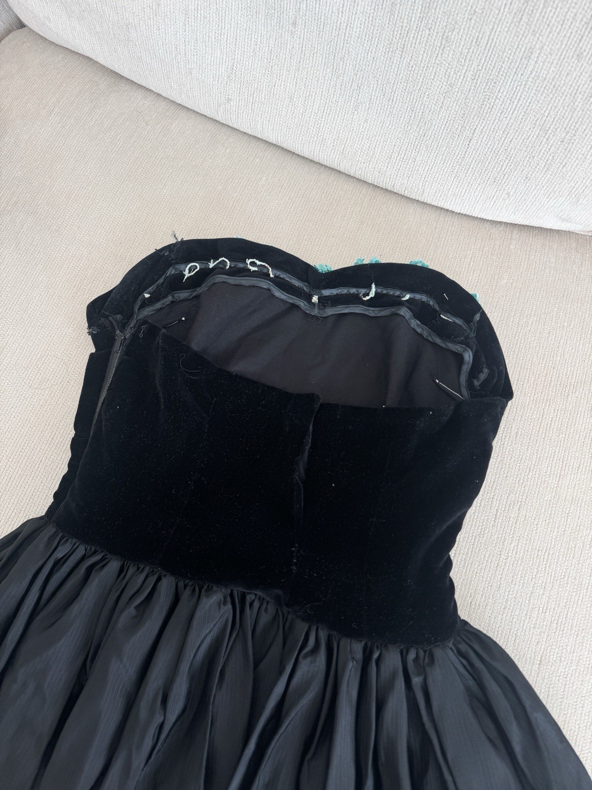 Vintage 40s/50s Black Dress Formal Maxi Strapless Velvet Floral Gown Prom