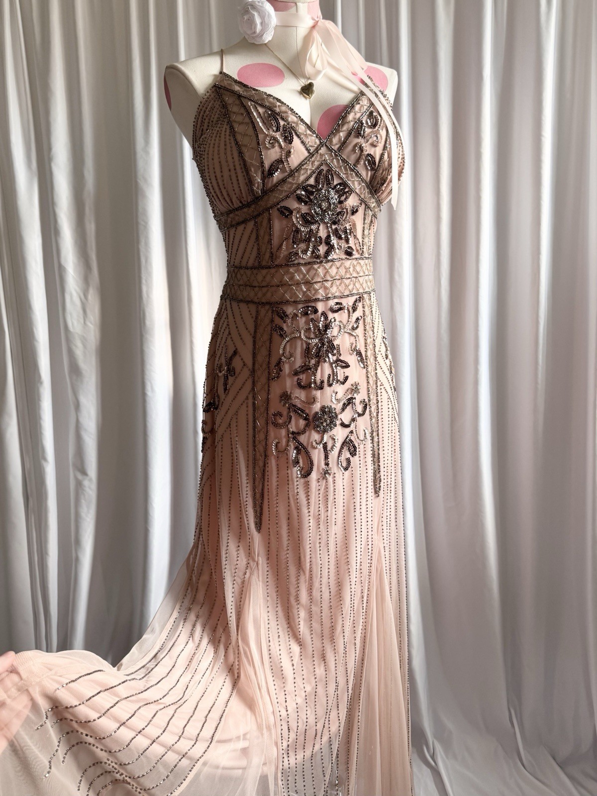 Vintage Pink Silver Fairy Beaded Sequin Ruffle Princess Formal Gown Dress 15/16