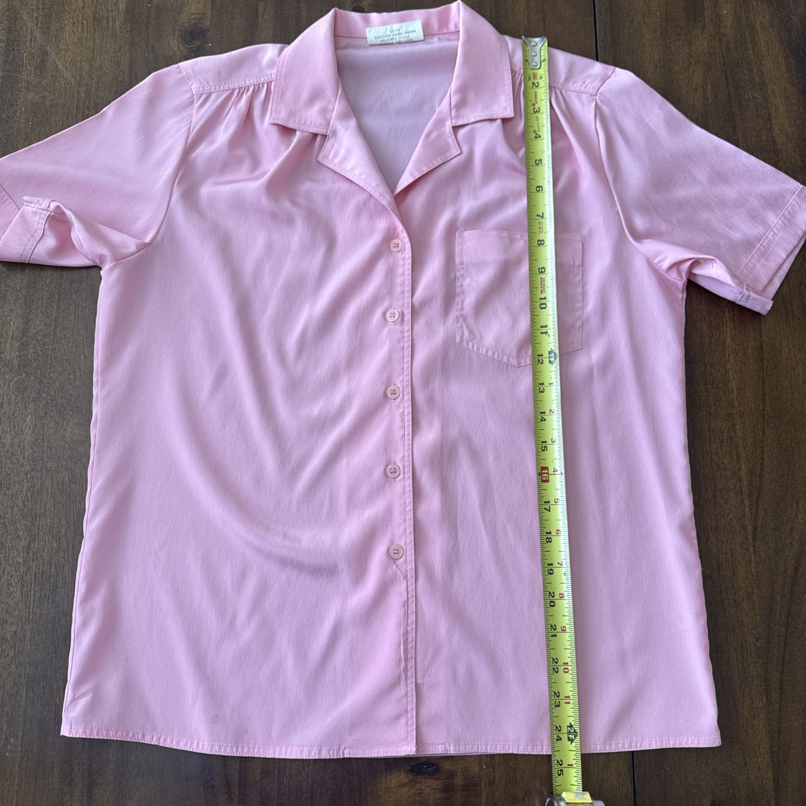 Vintage Pink Polyester Button Front Blouse Shirt sz 36 L Button Up Short Sleeve