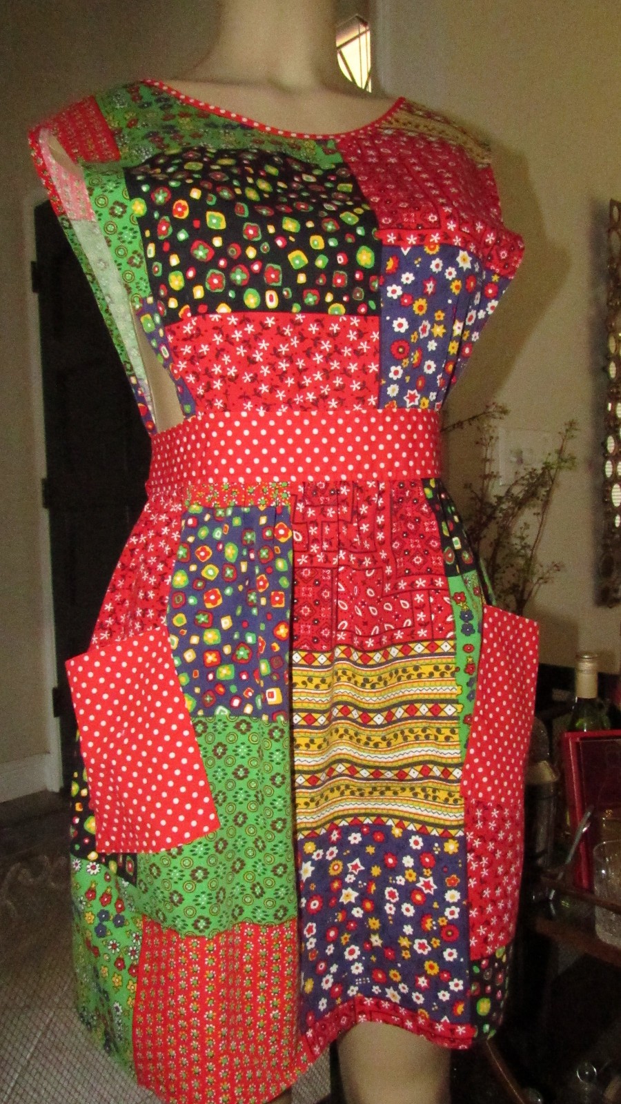 Vtg Design House Patchwork Pinafore Apron Dress Cottagecore w/pockets