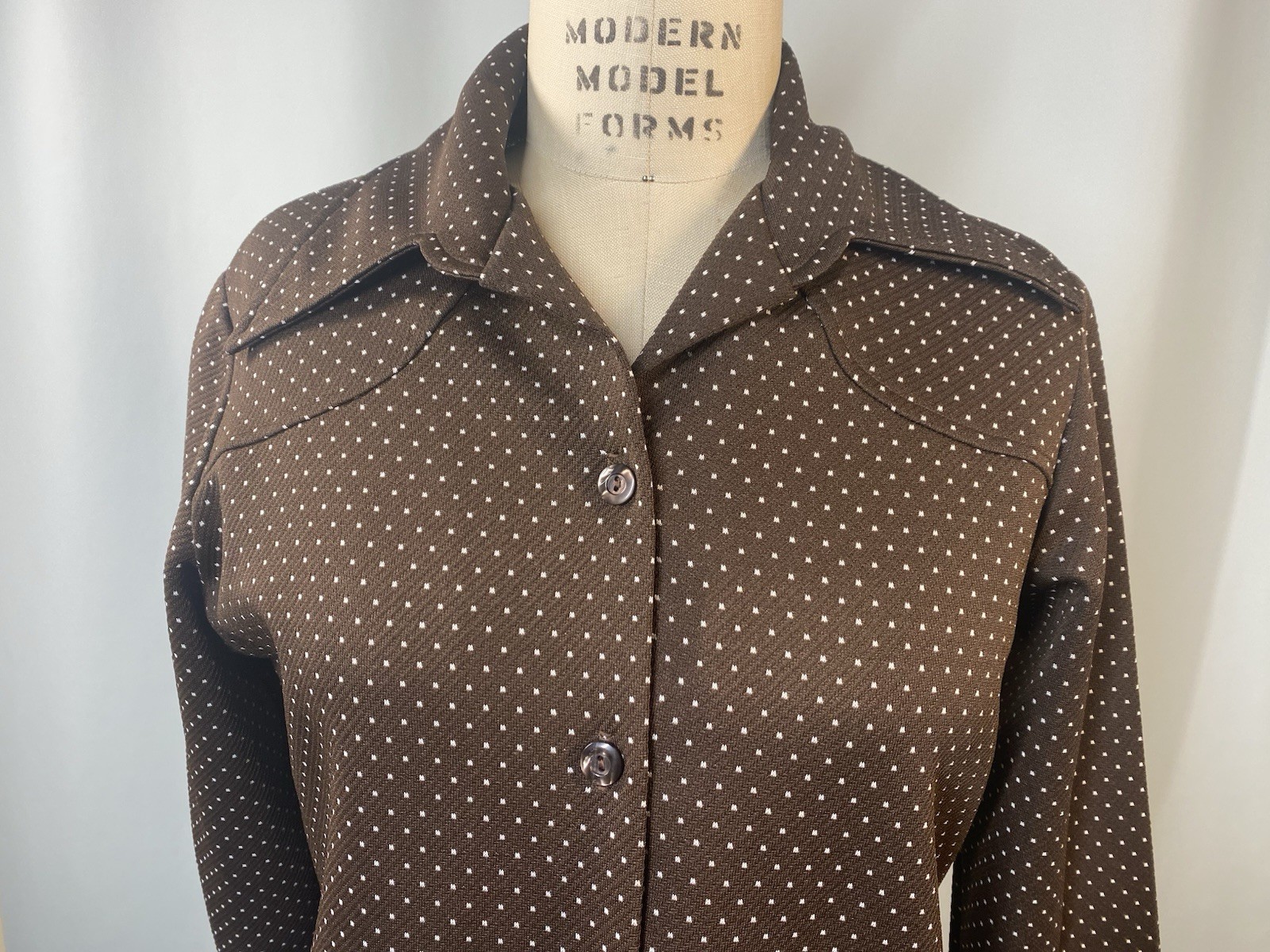 Women’s Vintage Top SIZE LARGE 14 brown polka dot yoke 60s 70s point collar