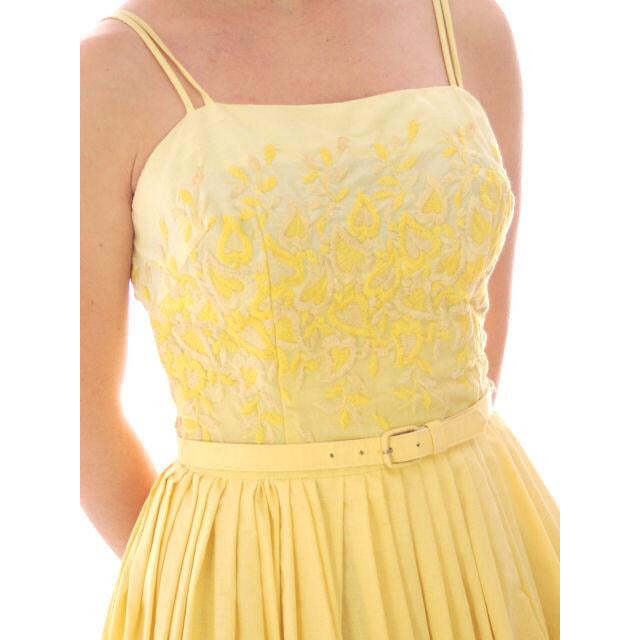 VTG 1950s Wendy Woods Yellow Cotton Sundress Embroidered Bodice S w/ Belt
