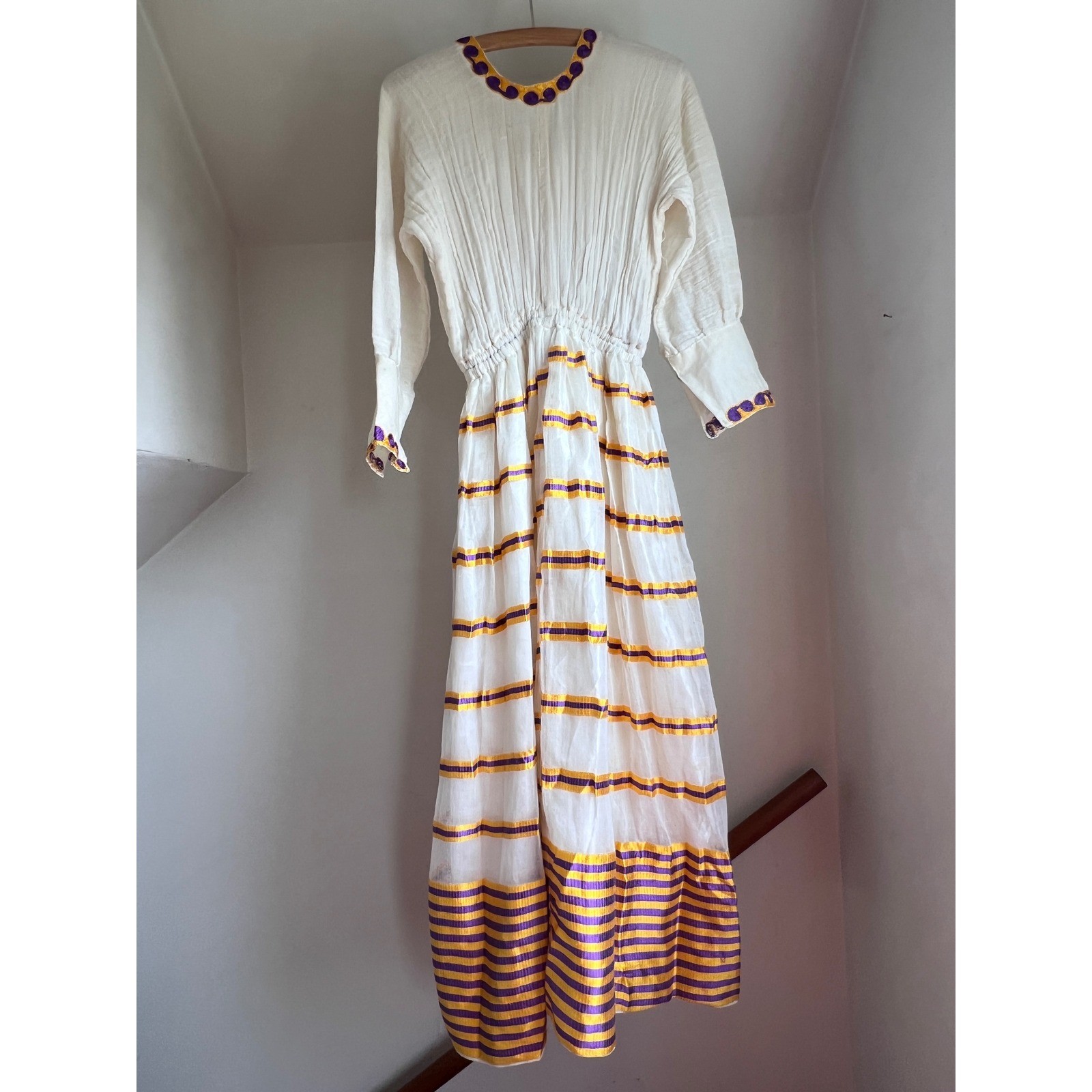Vintage Embroidered 70s Maxi Dress White Gauze Cotton Purple Gold Tilla Boho