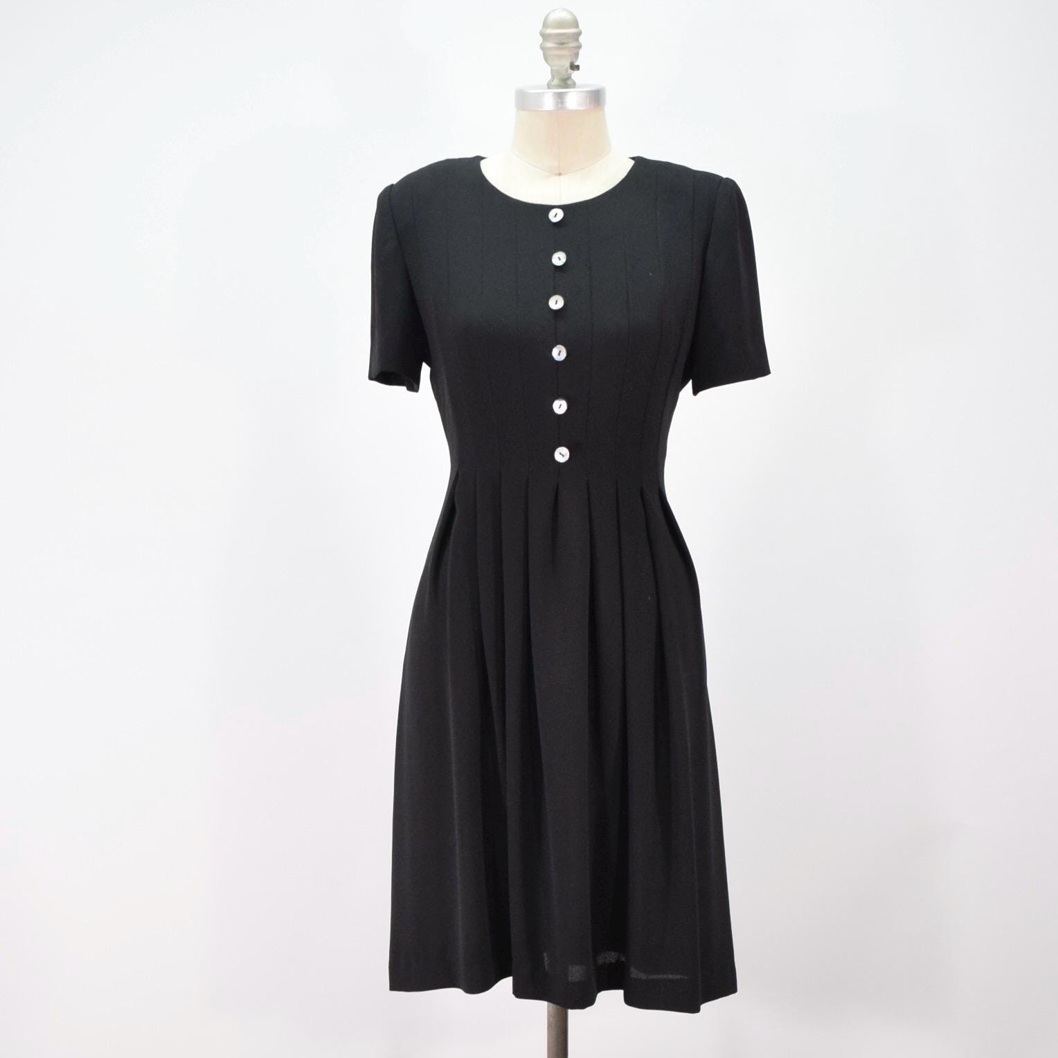 Vintage 90s Black Mini Dress 6 Button-Up Short Sleeve Fit & Flare Shirtdress