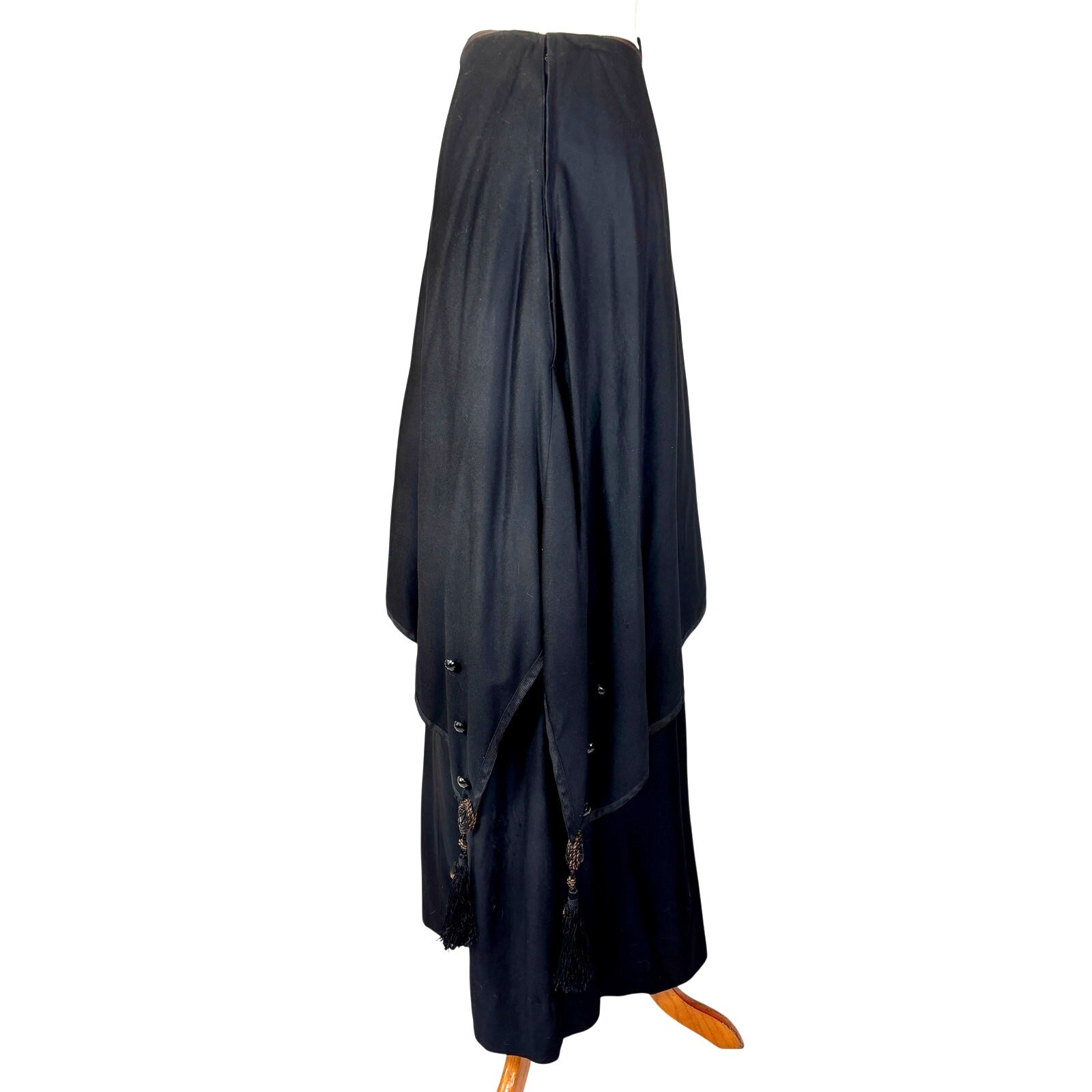 Antique Edwardian Black Wool Mourning Walking Skirt Jet Beads Tassels Tiered