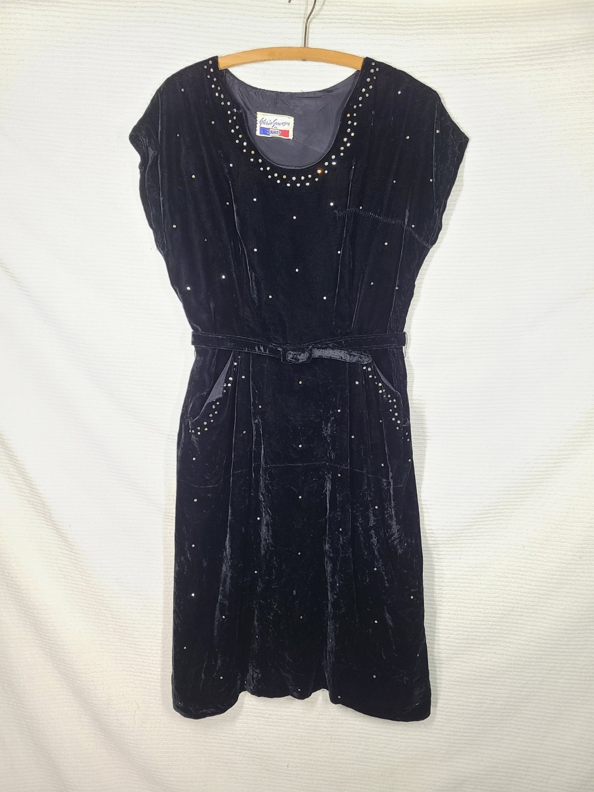 Vtg 40s Dress Black Velvet Night Sky Rhinestone wBelt Gloria Swanson Paris AsIs