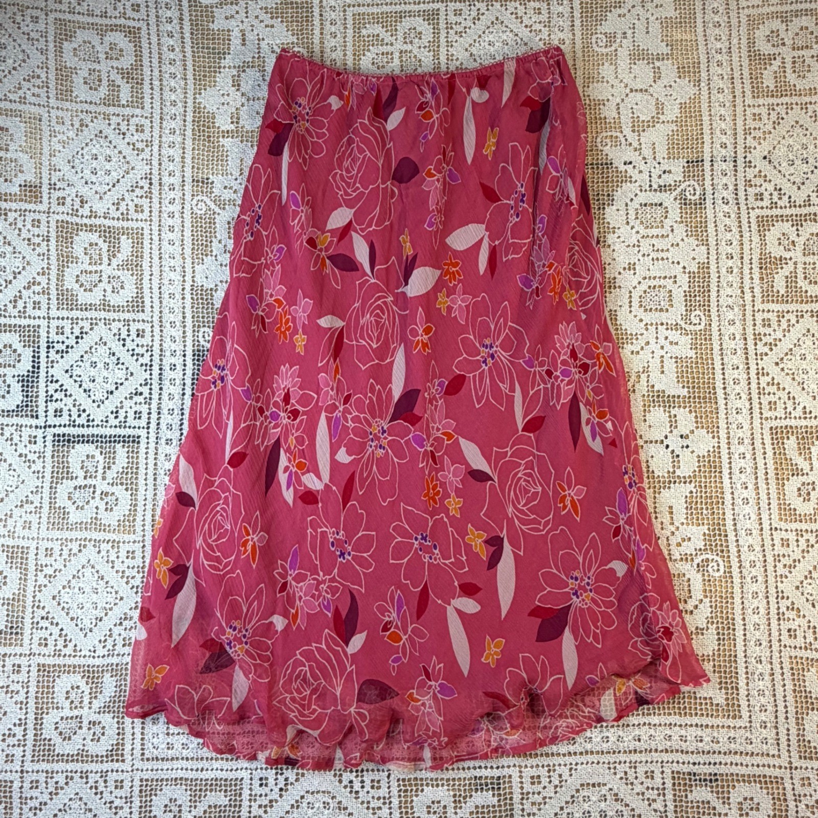 Sharon Anthony Vintage Pink Silk Floral Skirt Cottage Garden Party Midi Sz S