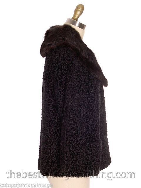 VTG 60s Faux Karakul Lamb Coat Black Rabbit Fur Collar Mob Wife Glam M