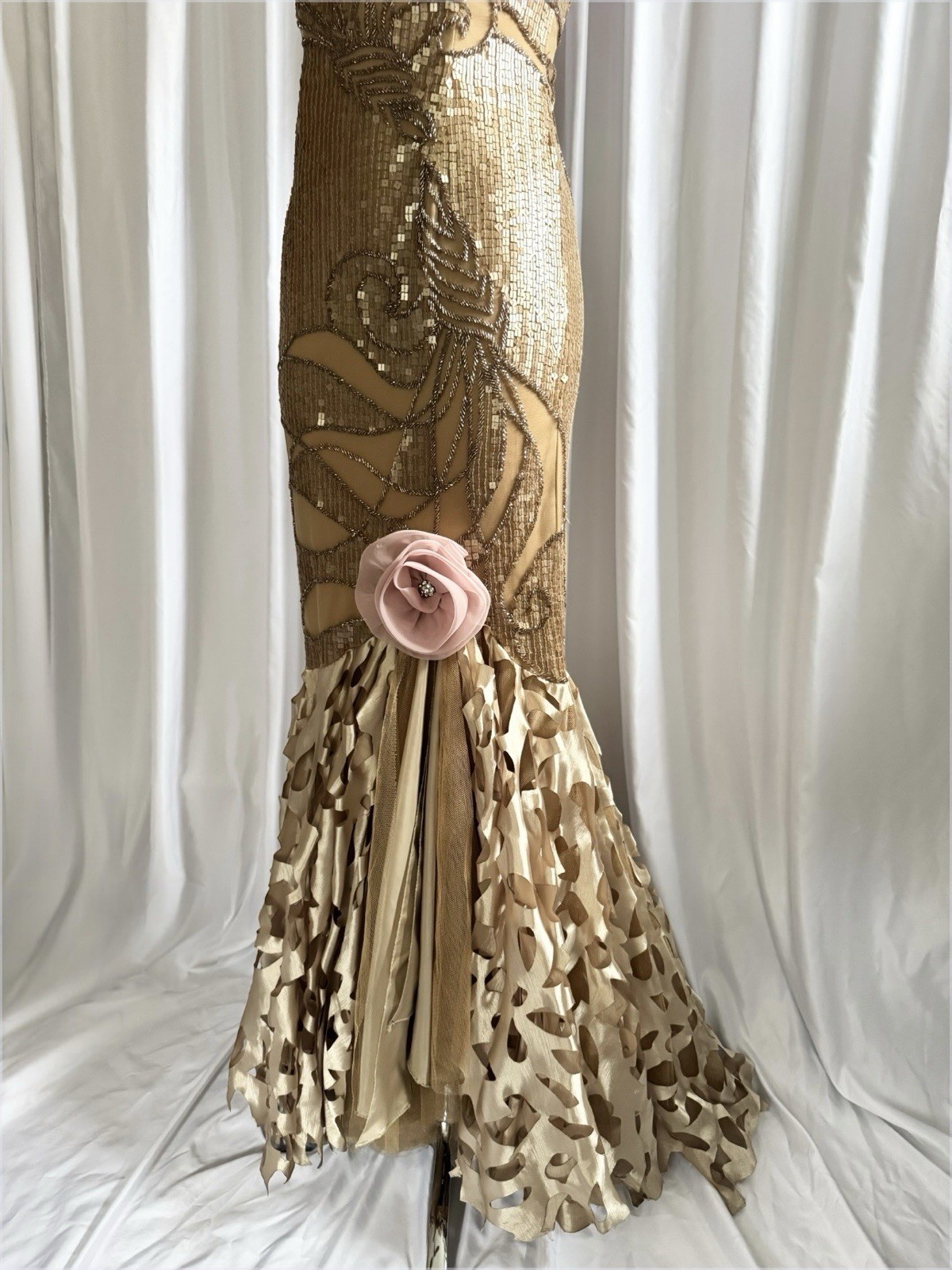 Vintage Gold Fairy Beaded Sequin Ruffle Mesh Vacation Princess Formal Gown Dress