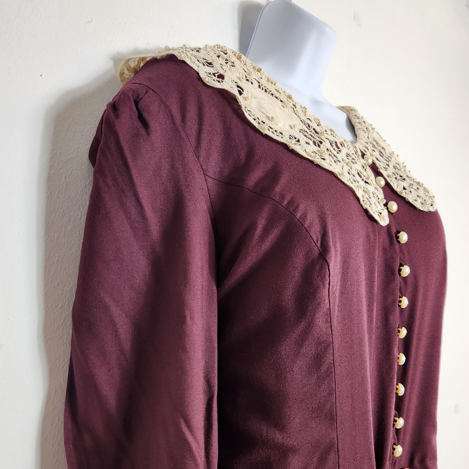 Vintage Plaza South Plus 20W Burgundy Prairie Midi Dress Lace Collar Cottagecore