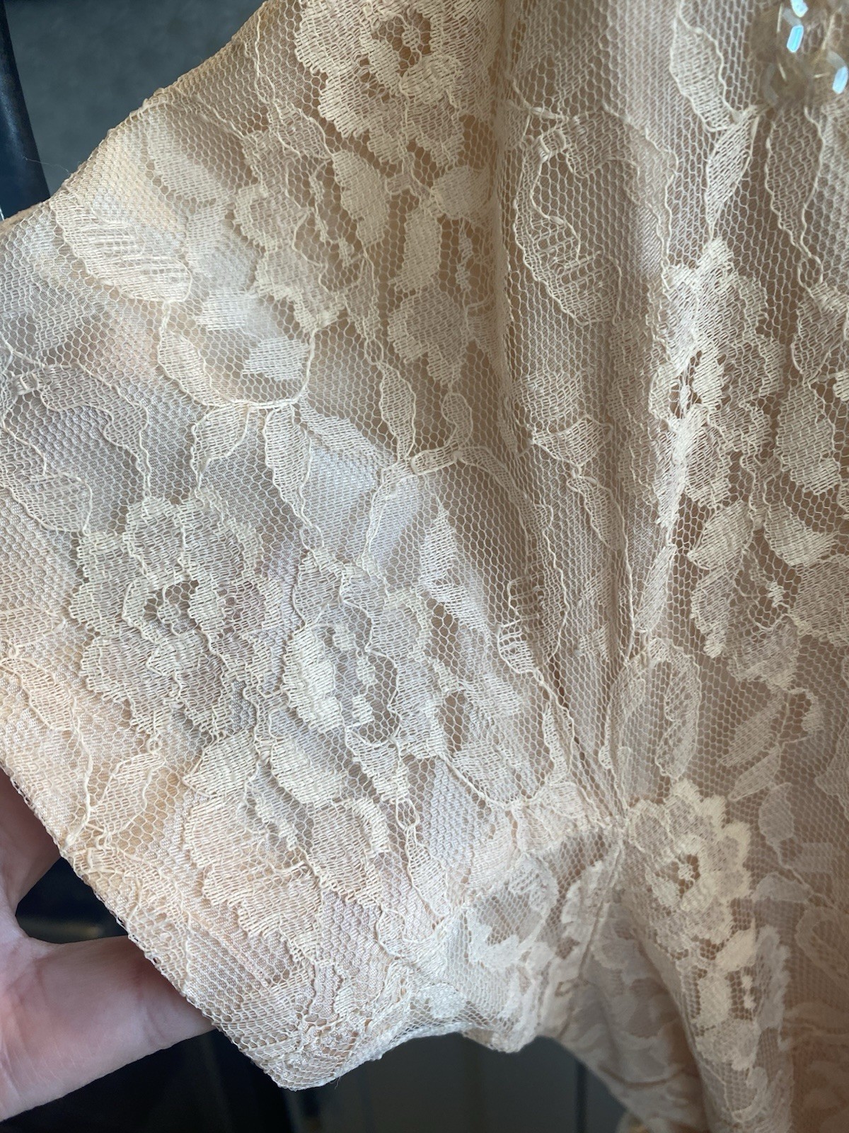 True VTG Handmade 50’s lace Rhinestone Cocktail Dress Ivory Peach 46” Bust