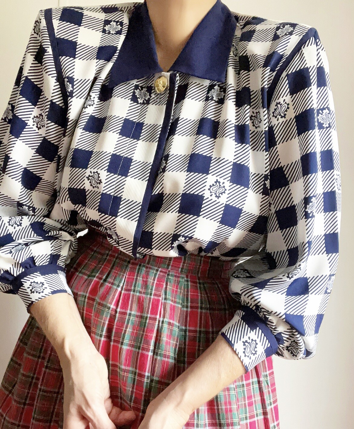 Vintage Blue White Checked Plaid Blouson Blouse Tartan Casual Or Business