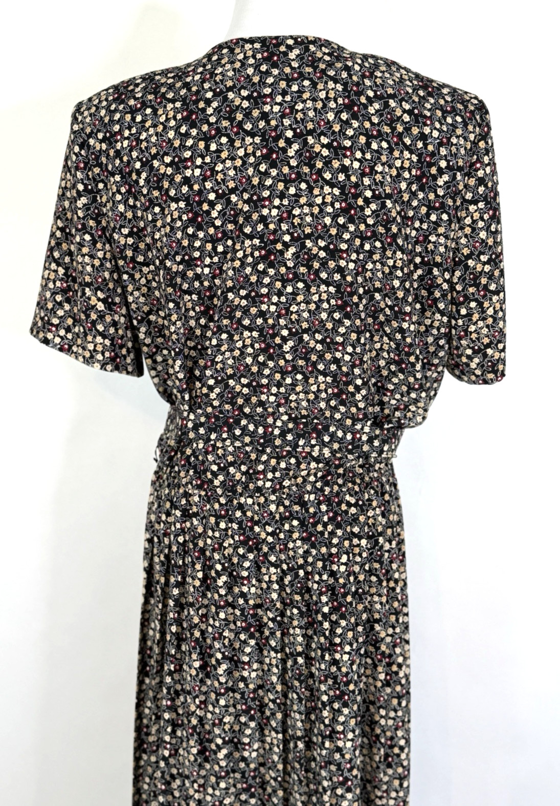 Leslie Fay Womans Size 14 Dress Floral Black Vintage Belted Midi Classic Modest