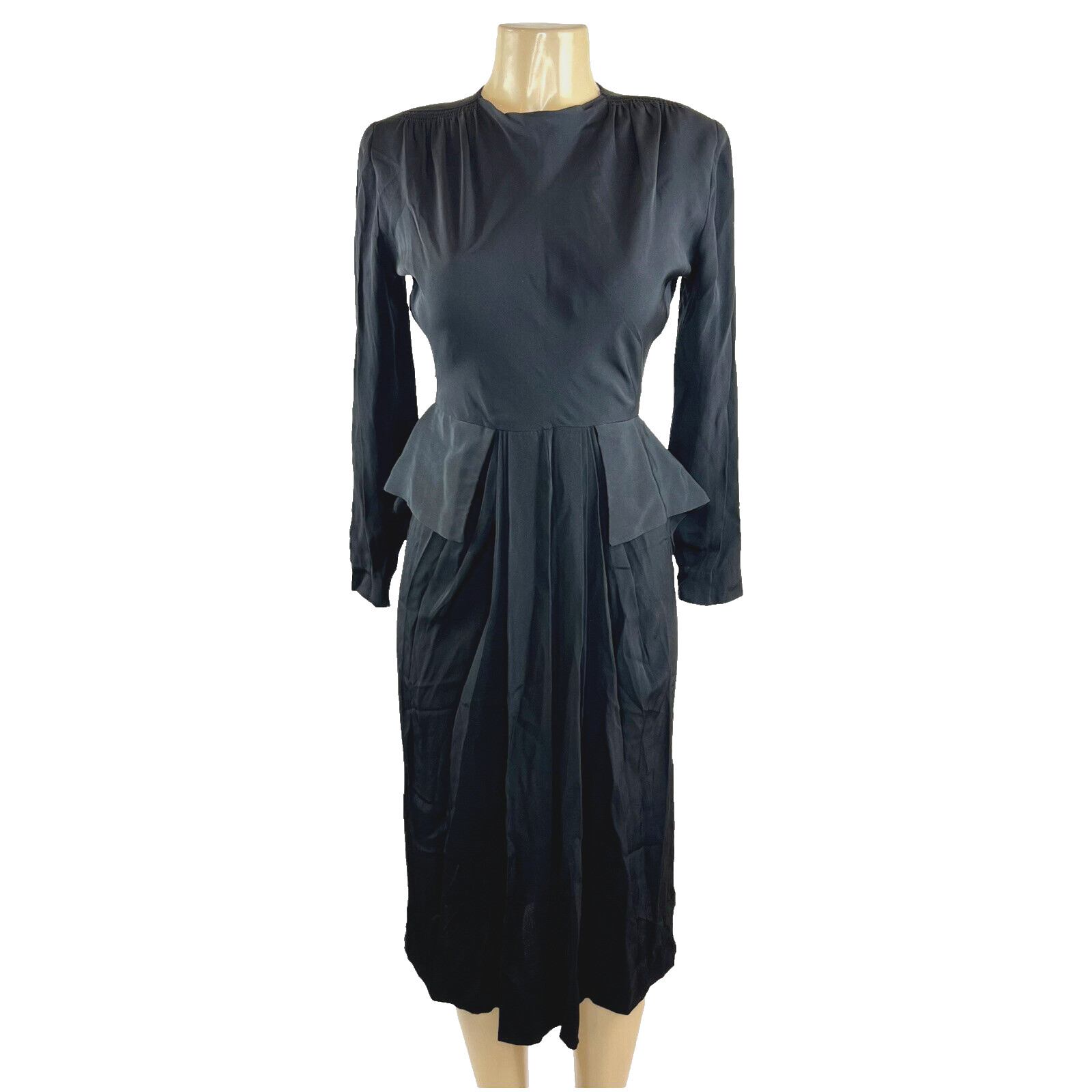 1940s Dress Solid Black Peplum Long Sleeve Knee Length Ben Lan Tag True Vintage