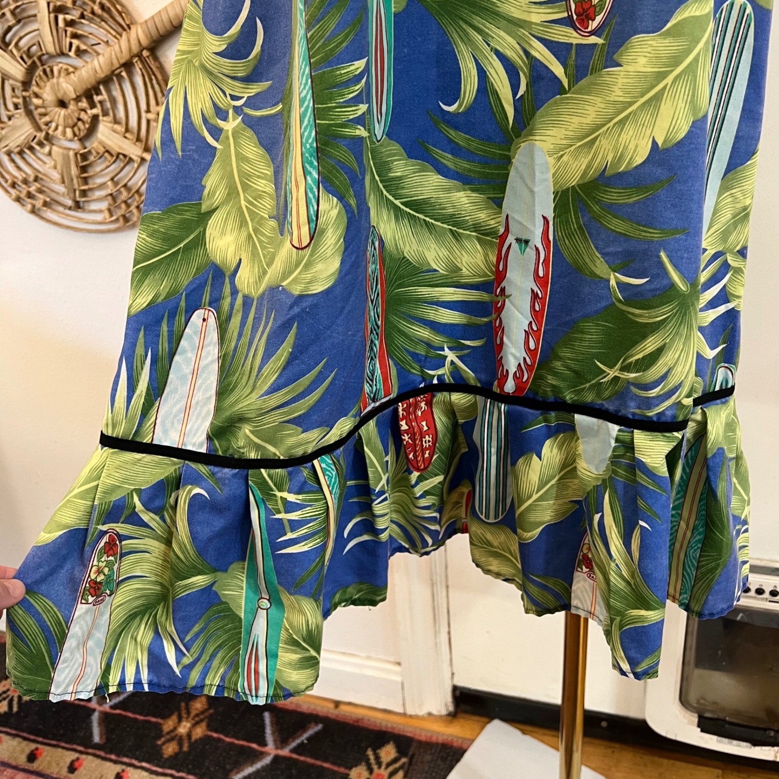 Vintage Blue Red Cotton Surfboard Palm Print Tropical Muu Muu Ruffle Dress Large