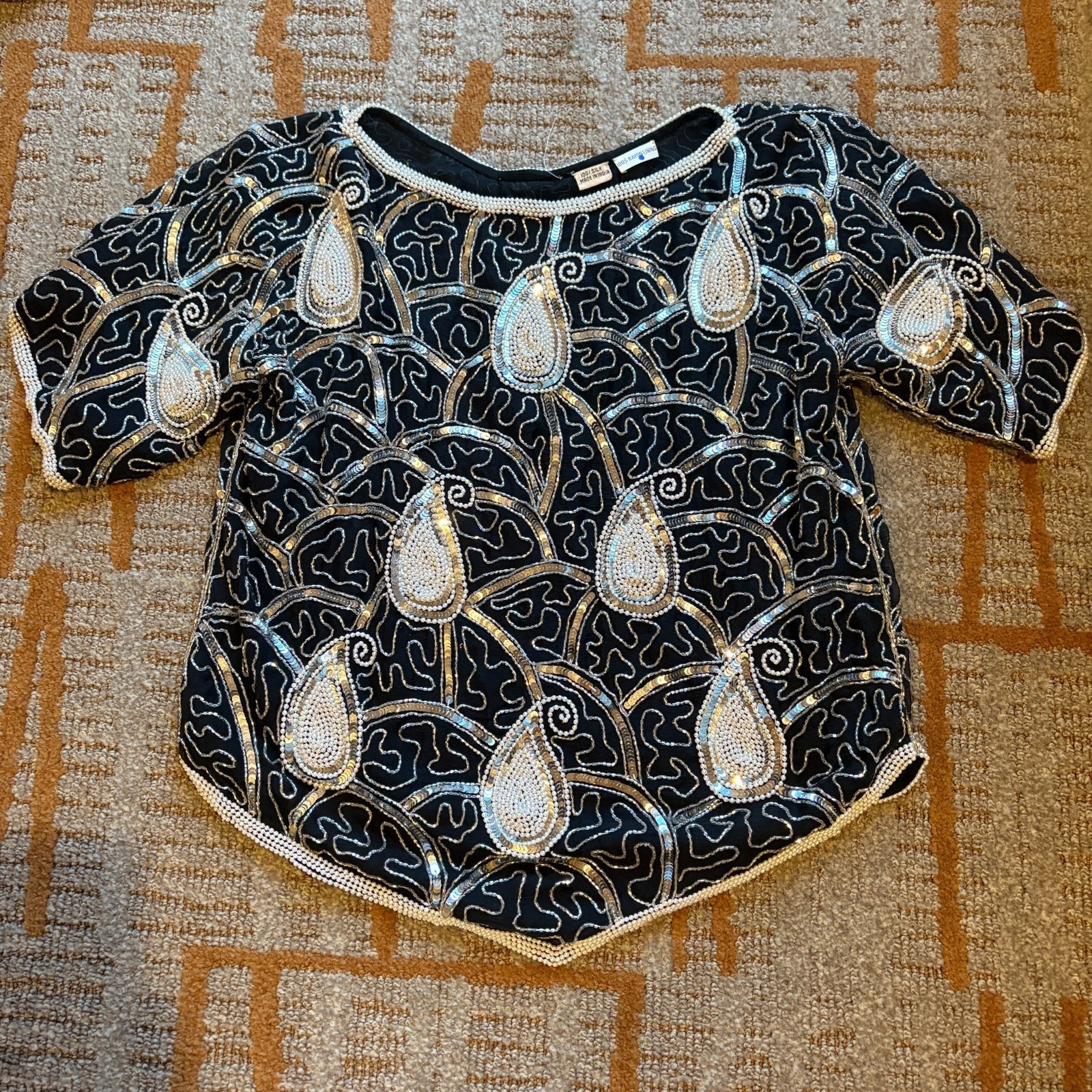 Vintage 80s Silk Beaded Blouse Statement Top Black Silver Pearl Sequins Sz S/M