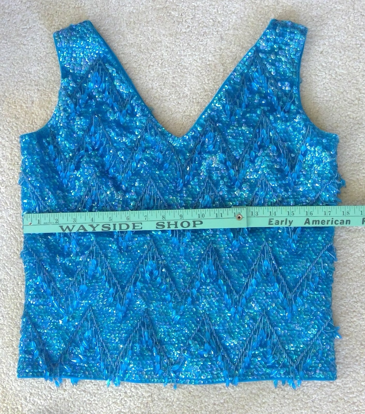 Vtg Forecast Shops Top Blue Sequin/Beads Zipper Back Sz 12 British Hong Kong