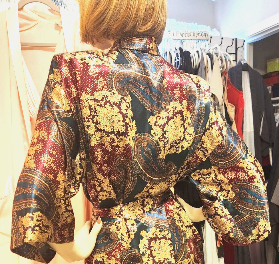 Vtg Sz L California Dynasty Shiny Green Wine Multi Paisley Satin Wrap Robe