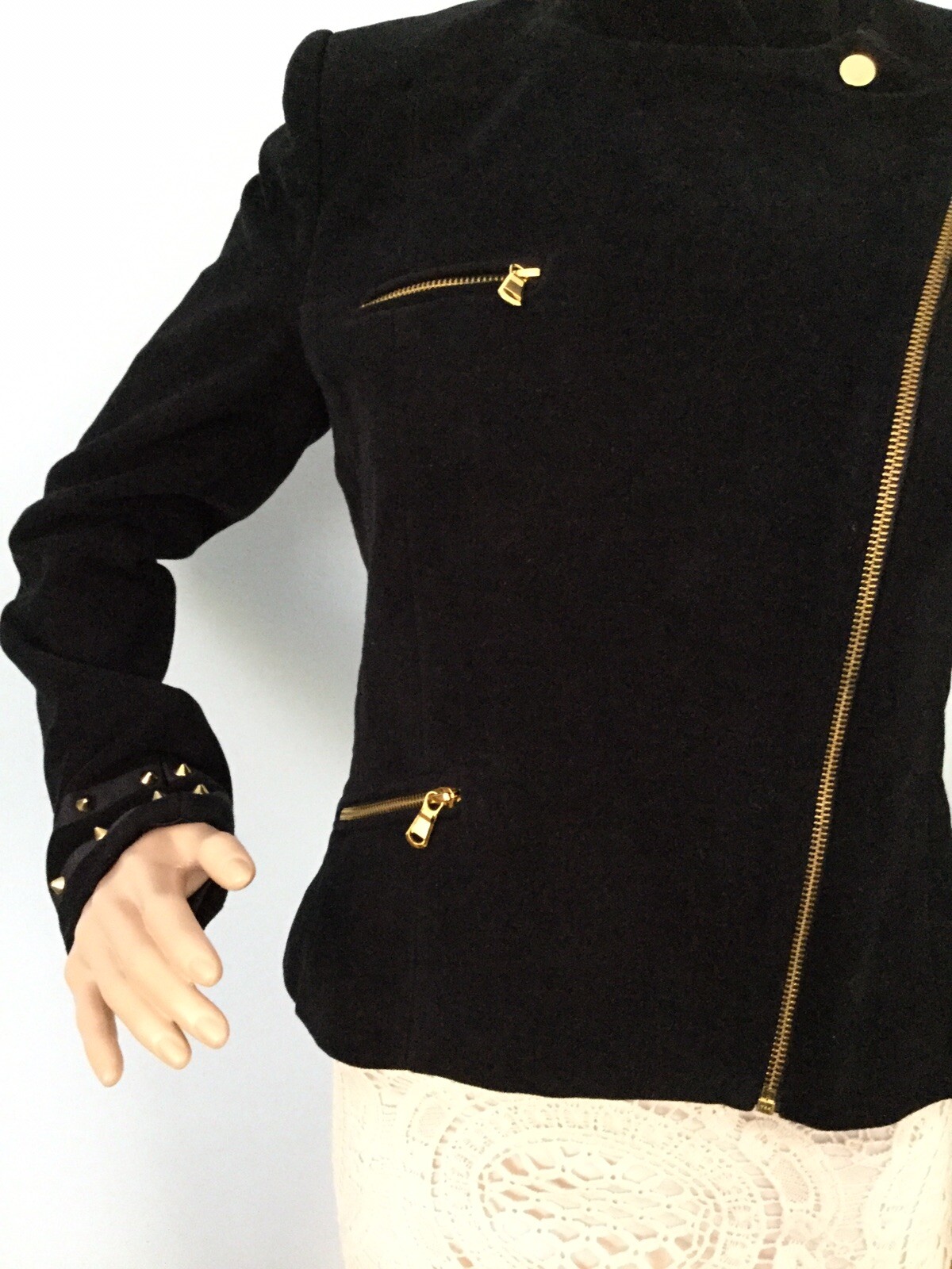 Elegant Gold Stud Zipper Zara Black Trafaluc Moto Jacket Coat Womens M Biker