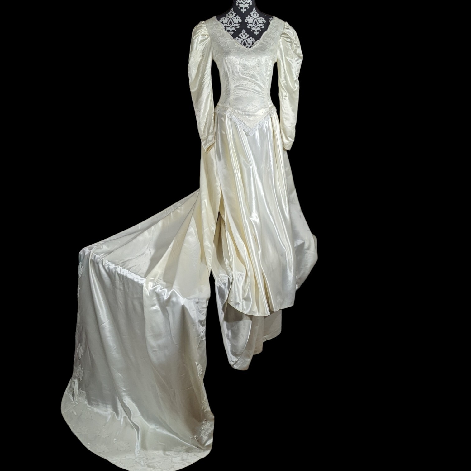 Vtg Wedding Dress 2 Trains S/M Cream Satin Lace Veil Tulle Slip Puff Long Sleeve
