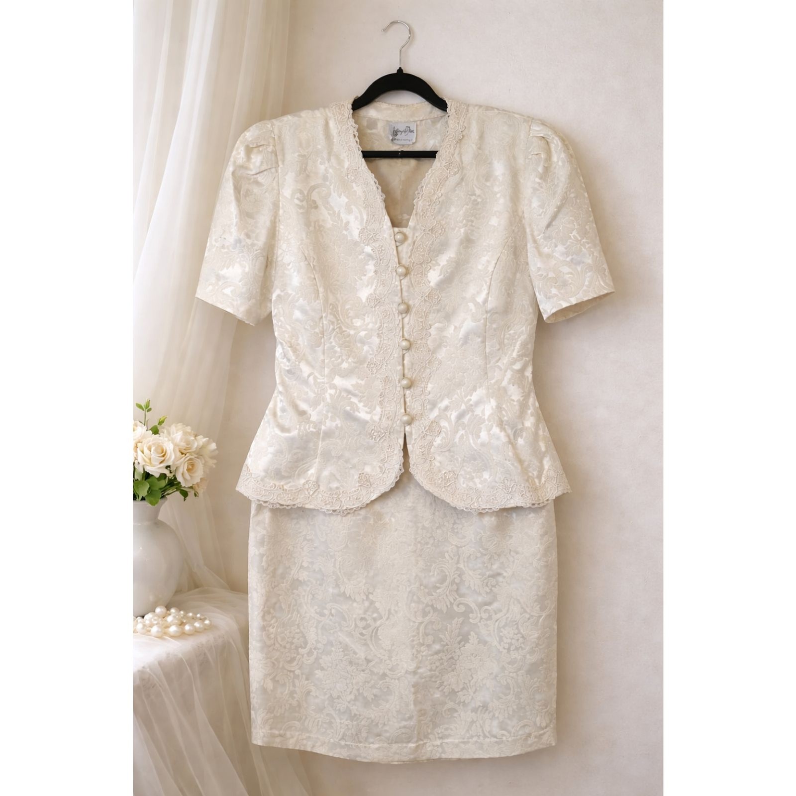 Vintage 80s Ivory Skirt Suit Set Crochet Trim Bridal MOB Wedding 16 Romantic