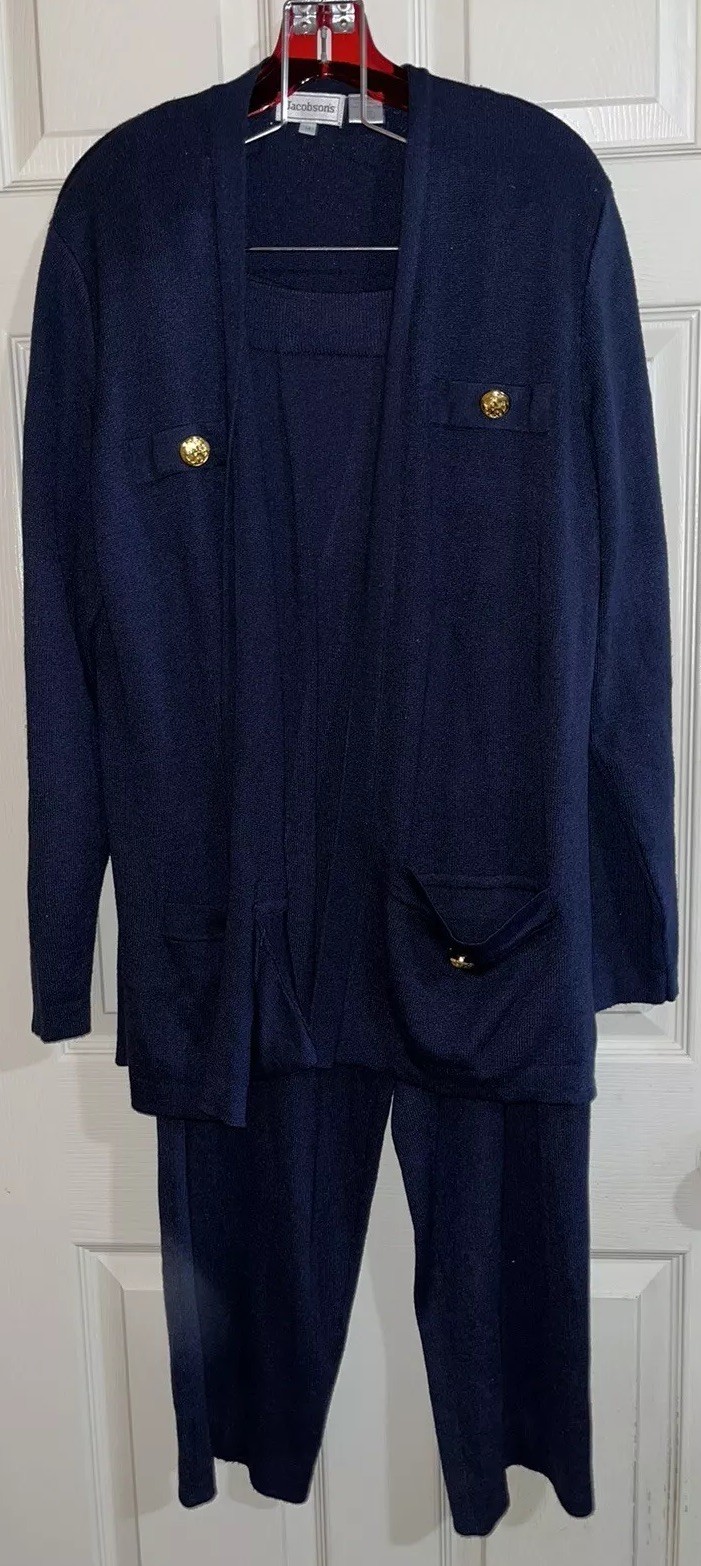 Jacobson’s Navy Blue Knit 3 Piece Pant Set Cardigan Shell Gold Buttons women’s M