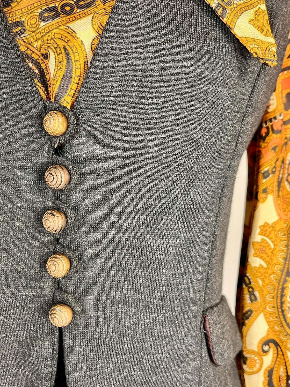 Vintage 1960’s-1970’s Kelly Arden (petite) grey, paisley dress & vest 2-pc. set