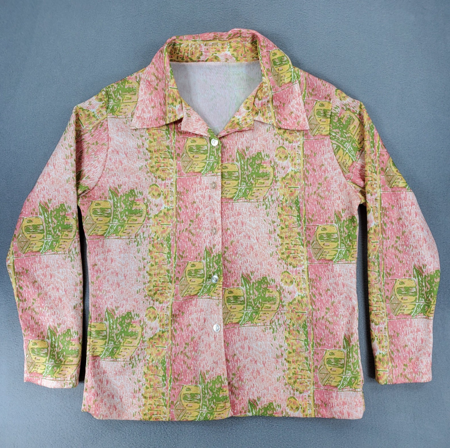 Vintage 60s Psychedelic Water Print Button Front Mod Top Blouse Womens L Asian