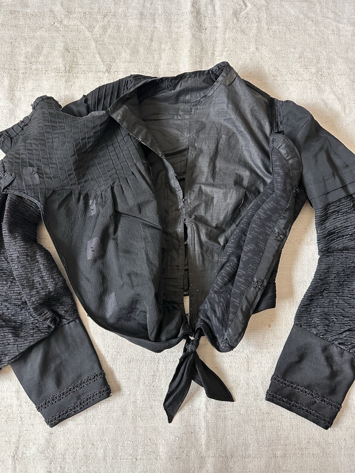 1870s Antique Blouse Jacket Black Silk Mourning Puff Sleeve Corset Top Womens XS