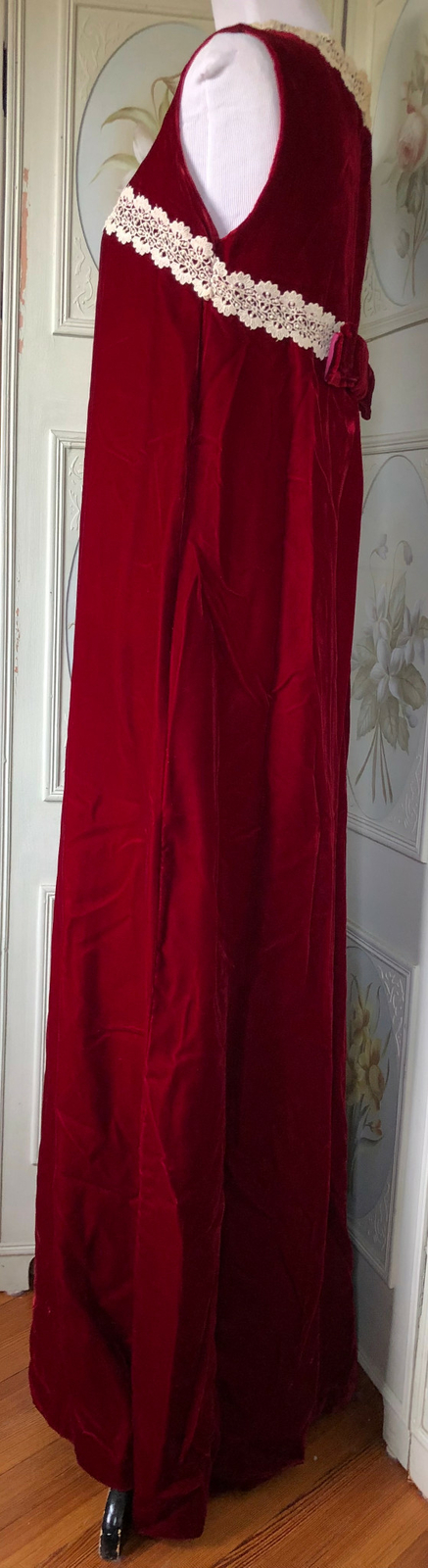 VTG 60s RUBY BLOOD RED VELVET IVORY LACE MAXI DRESS SLEEVELESS BOHO HIPPIE EUC
