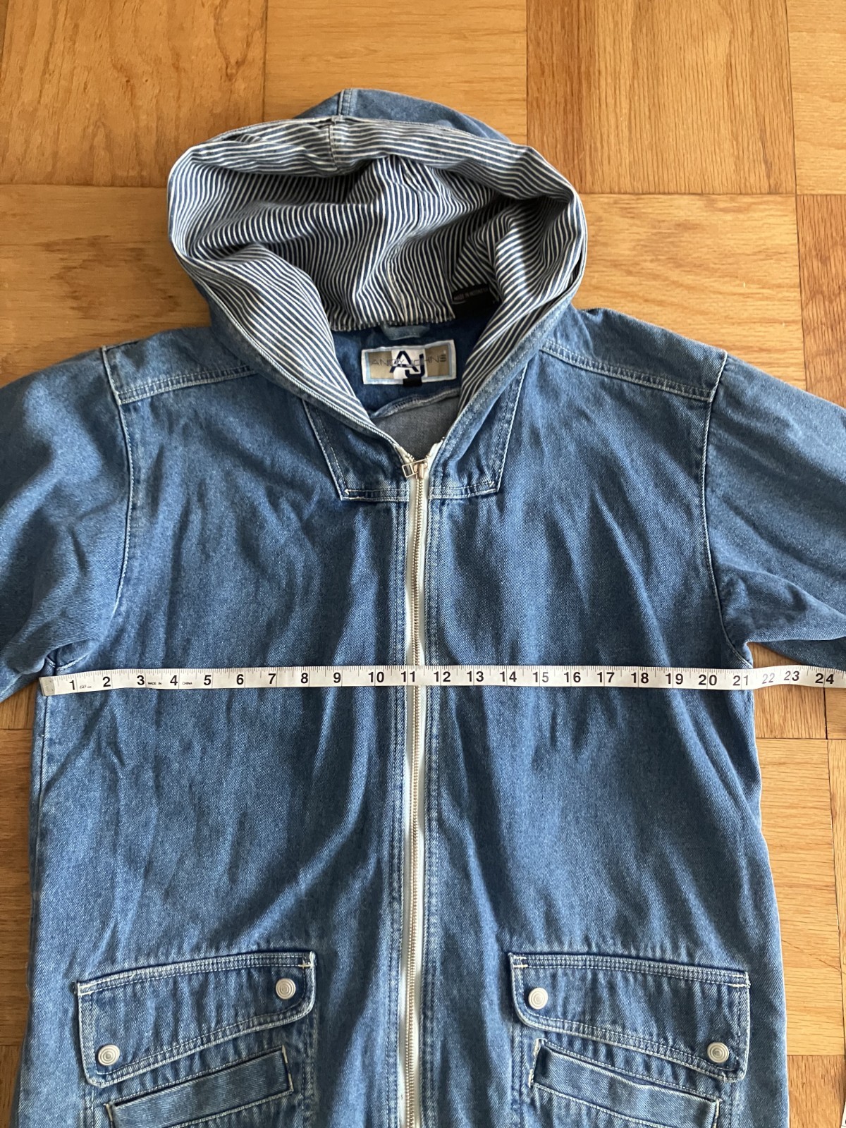 Vintage 90s Andy Johns Long Denim Jean Jacket Zip Front Hooded Women’s M