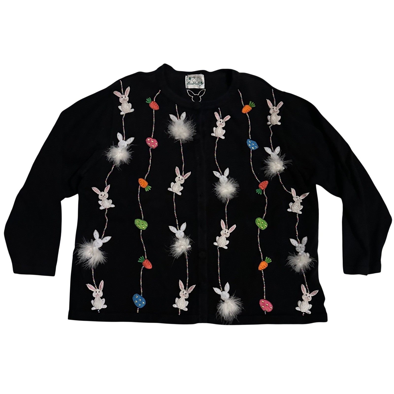 VTG Quacker Factory Cardigan Black Easter Bunny Rabbit Beaded Sweater Womens 2X