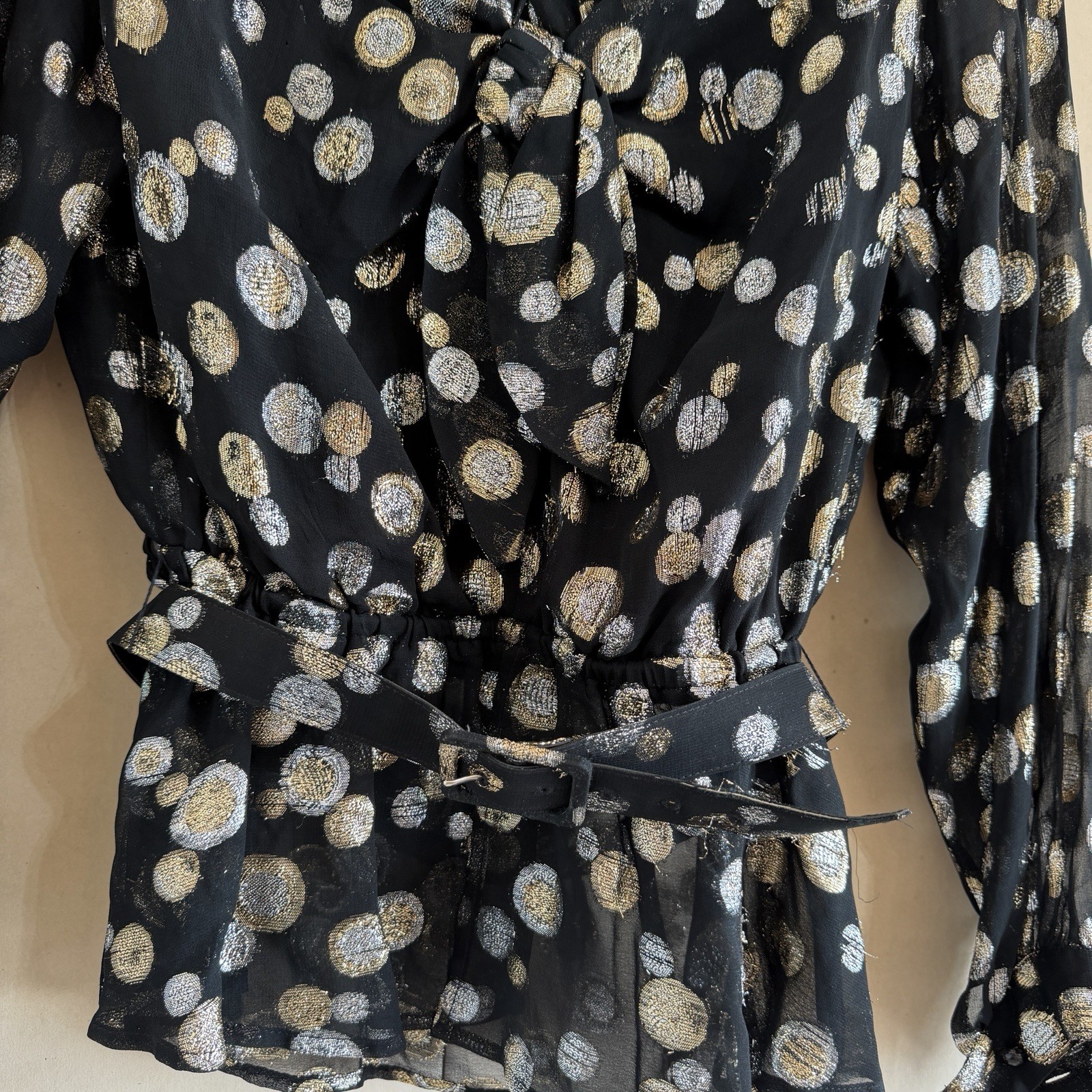 Vintage 80s Halston III Metallic Gold Silver Polka Dot Blouse Skirt Set Sz 10