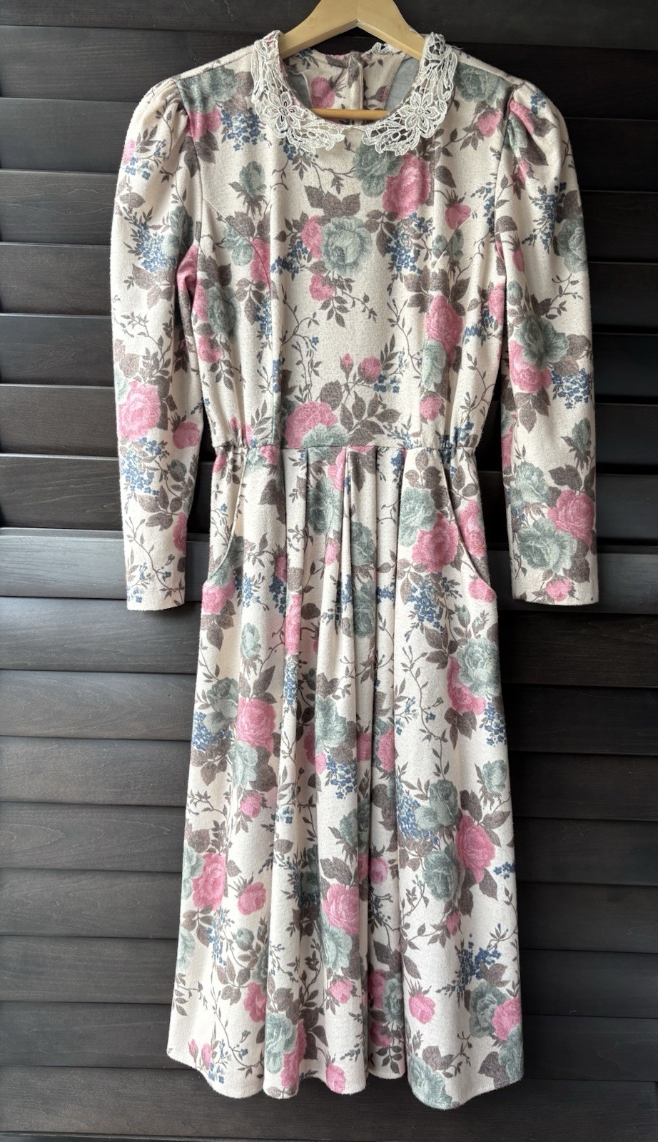 Stuart Alan Petites Size 8 Vintage Floral Dress Cottage Core Pockets Lace Collar