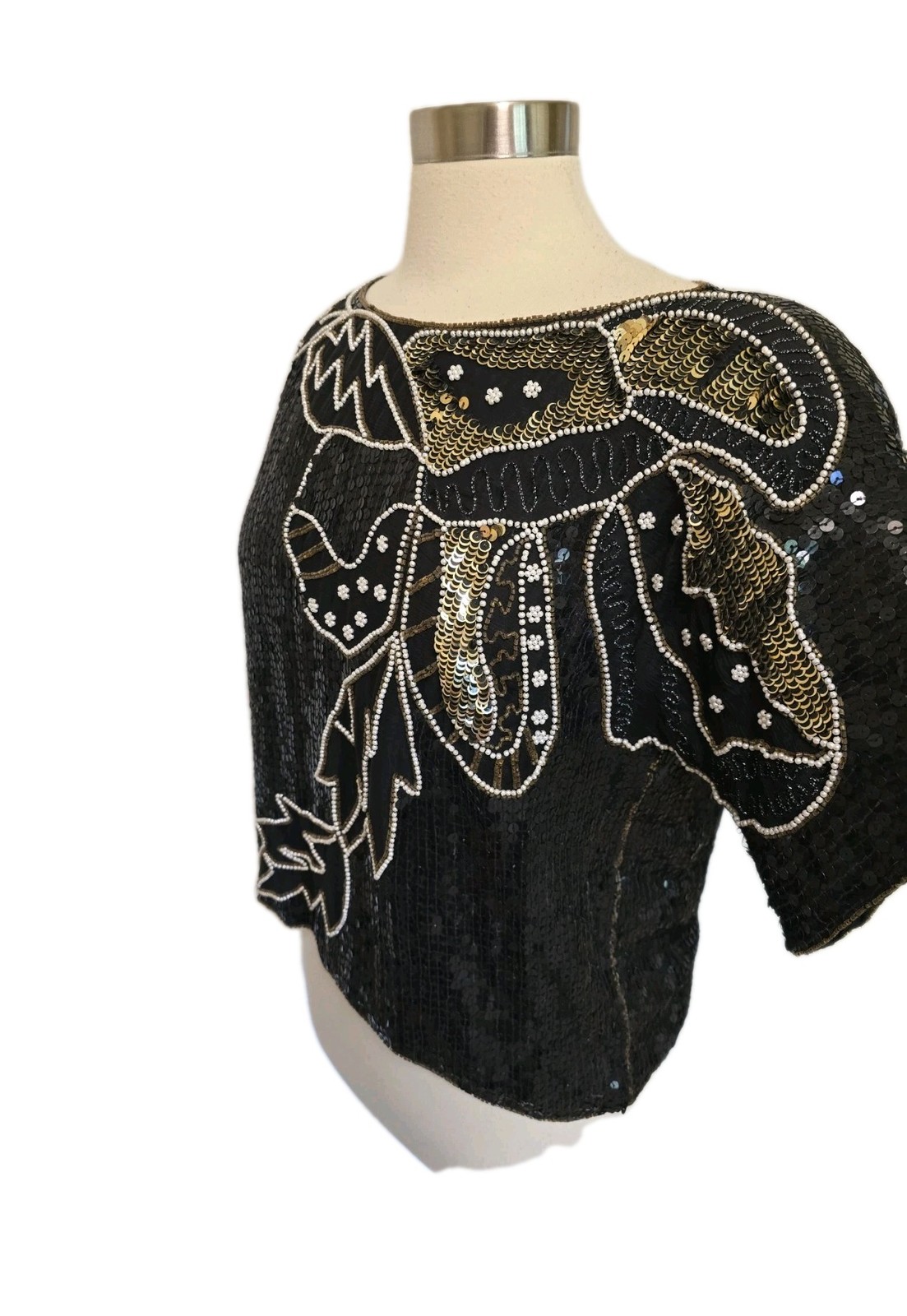 Womens Vintage 100% Silk Blouse Black Beaded Sequins All Over Evening