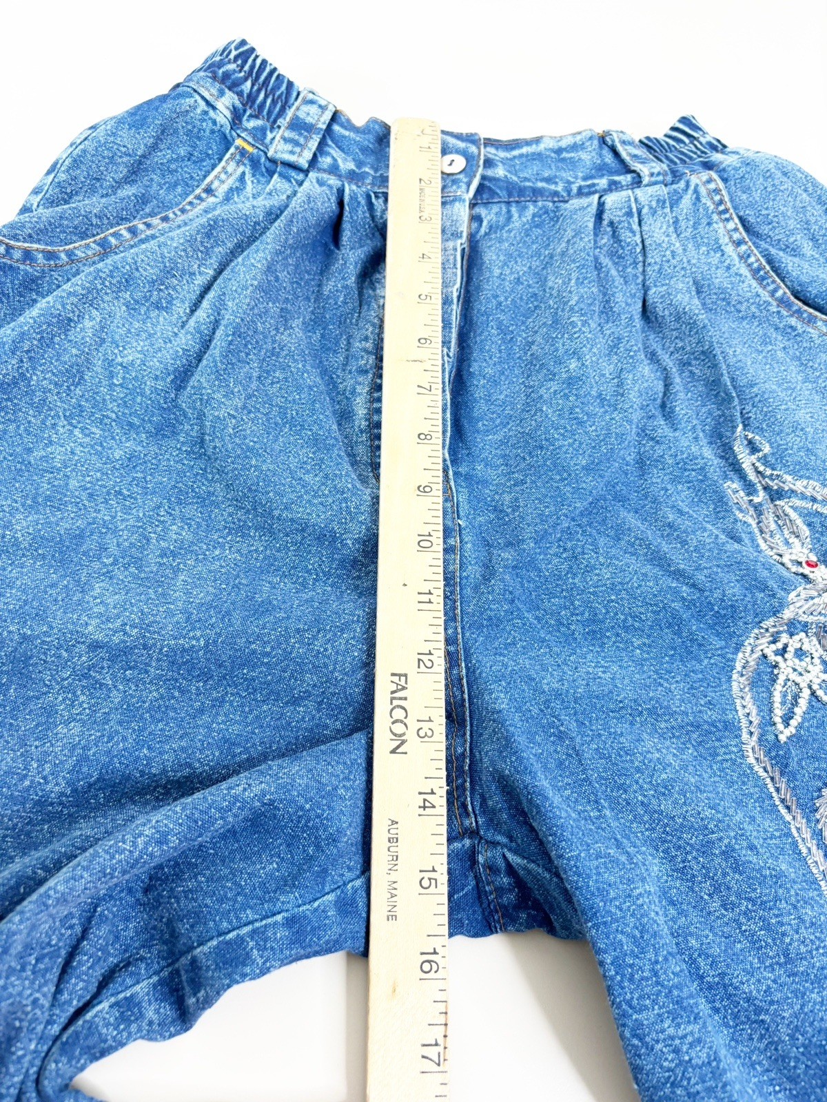 VTG Pretty Bleu Large Beaded Denim Button Shirt & Mom Jeans (26×26) Set GUC