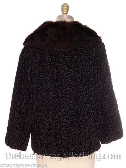 VTG 60s Faux Karakul Lamb Coat Black Rabbit Fur Collar Mob Wife Glam M
