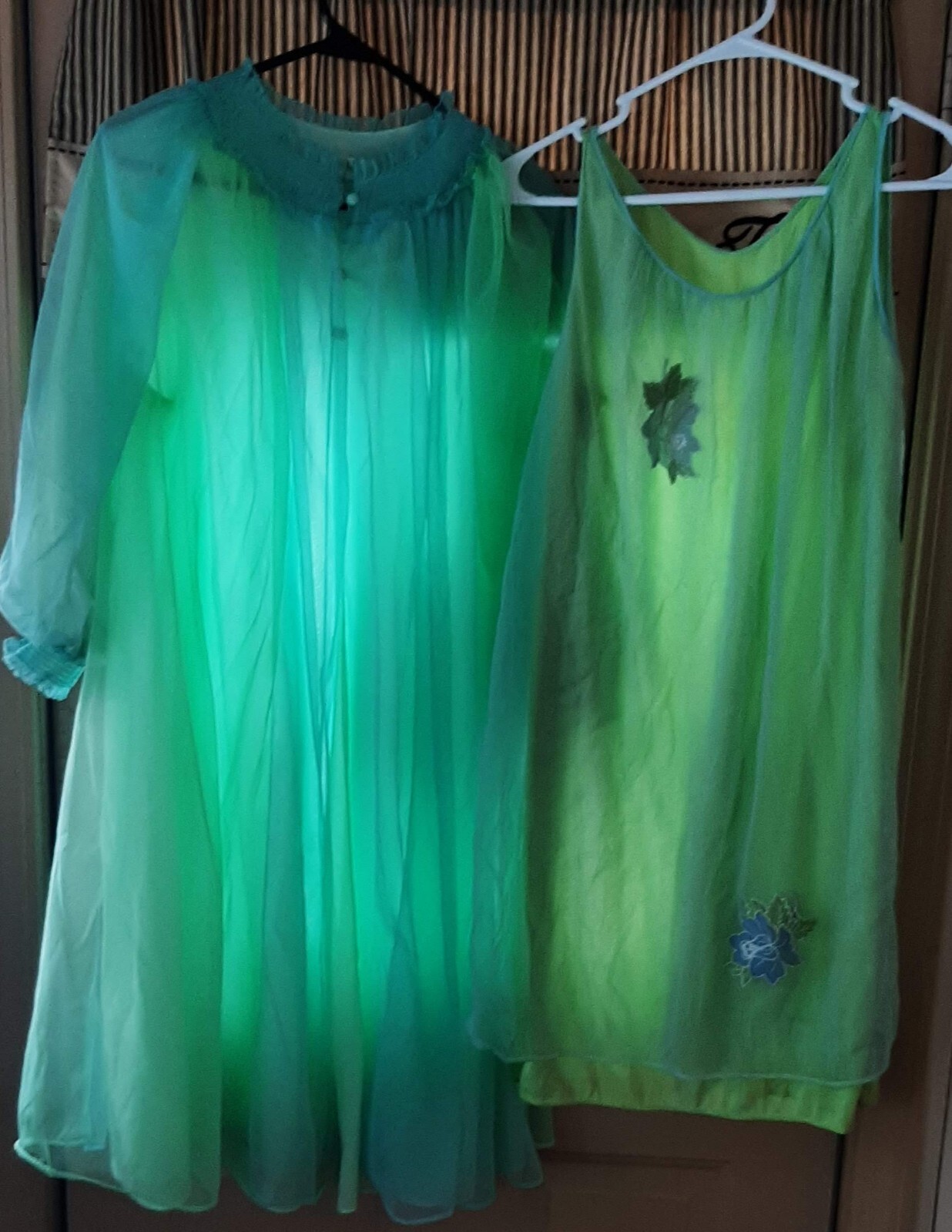Vintage 2 pc Set Double Layer Two Tone Blue/Green Nightgown & Robe size Small