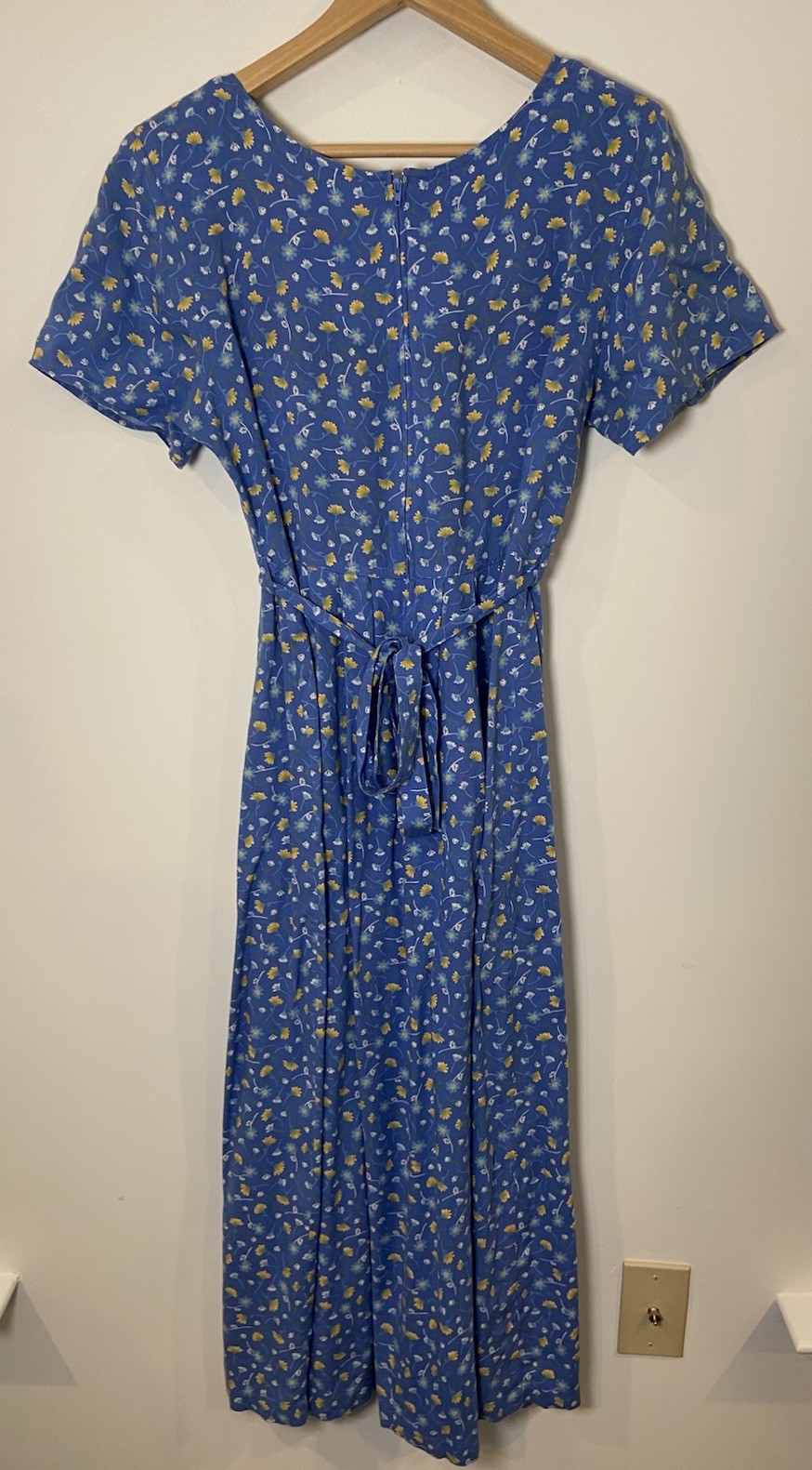Vintage Erika Studio Dress 90’s Shoulder Pads Tie Waist Blue Yellow Floral S/M