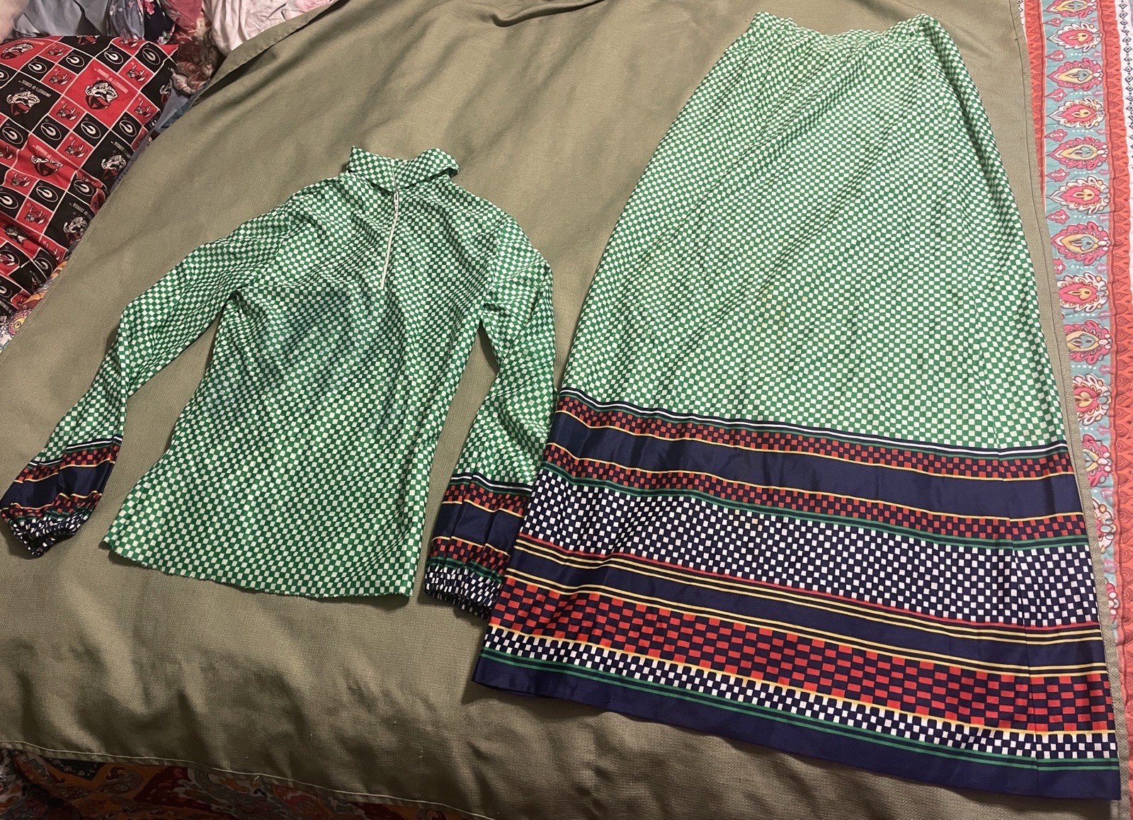 vintage RETRO 1960s SHIRT (XS) & SKIRT (24”waist X 40” Long) OUTFIT WOMEN’S rare