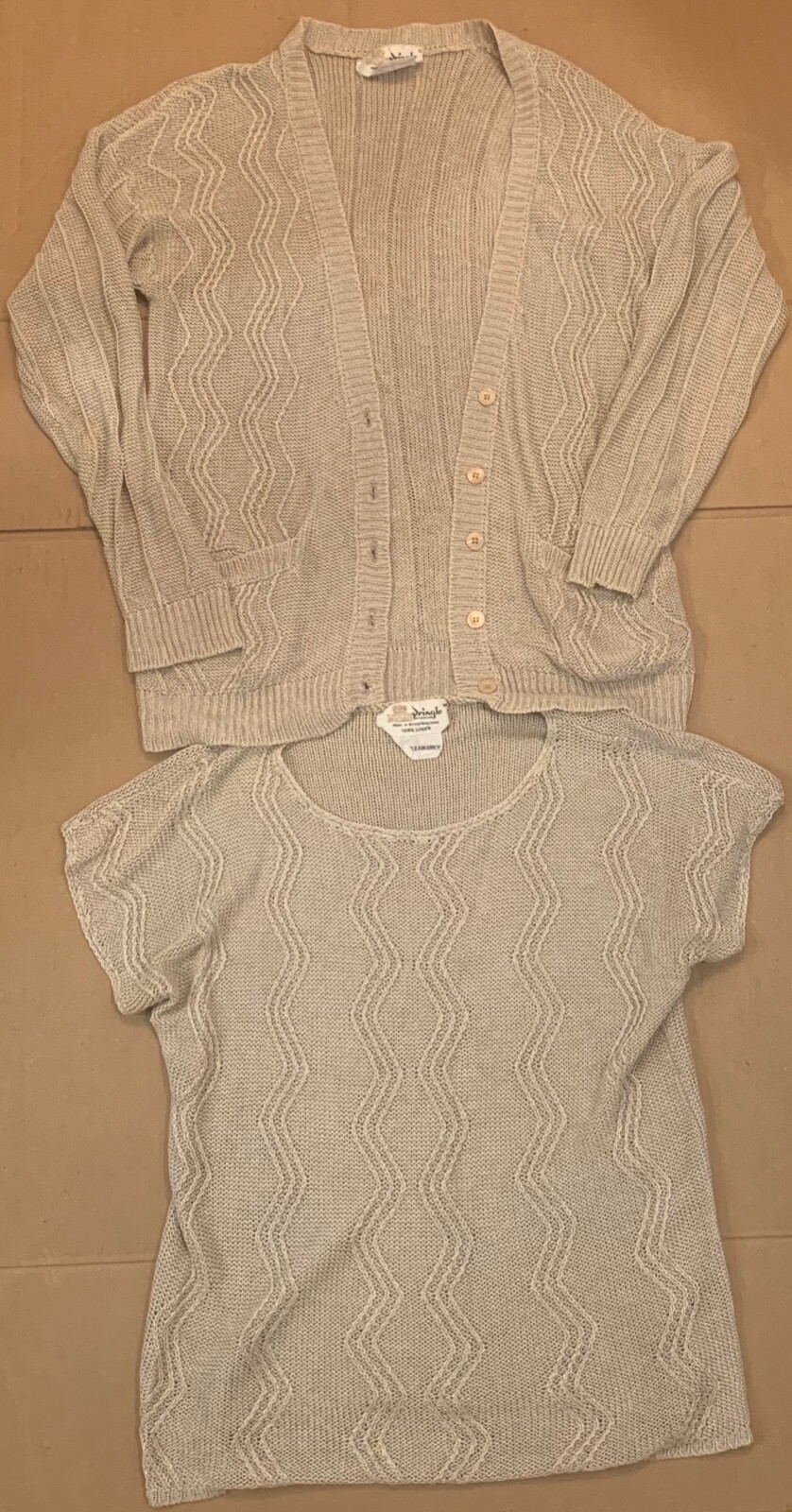 SET OF 2 Pringle of Scotland 100% Linen Tan Preppy Vintage Sweater Cardigan S/M