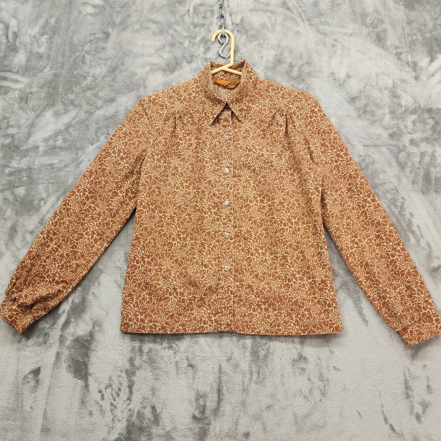 Vintage 70s Jack Winter Top Women M Brown Floral Leaves Long Sleeve Button Front