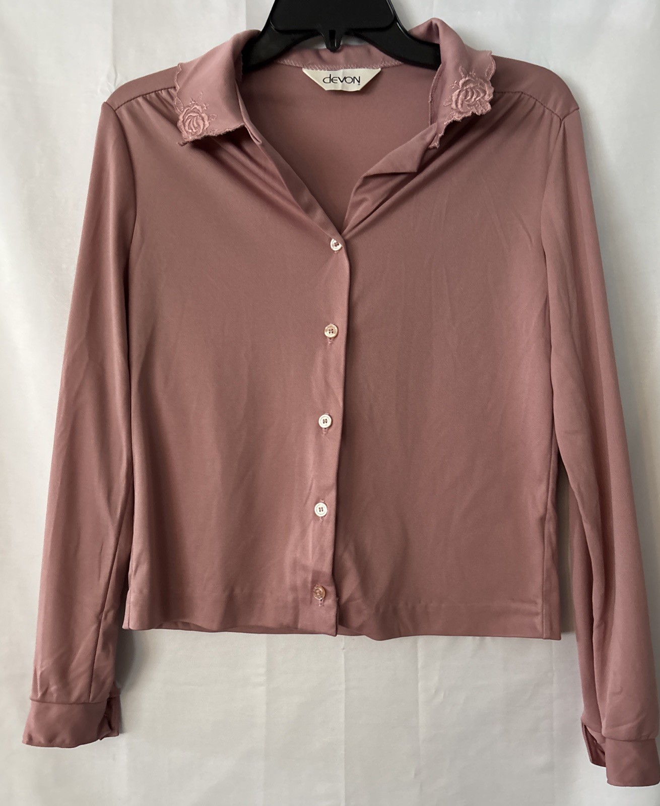 Vintage Devon Mauve Button Up Blouse Embroidered Collar No Size Tag Fits Like S