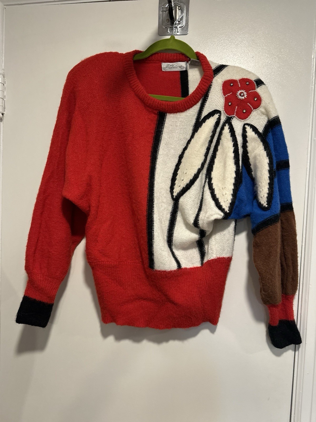 VTG 80s Lady Pricilla Sz:S bold colorblock beaded flower applique Knit sweater