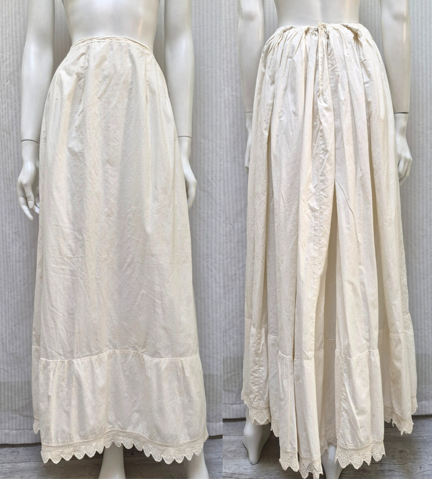 ANTIQUE VICTORIAN WHITE COTTON PETTICOAT SKIRT W/ CROCHET LACE – Waist 24″