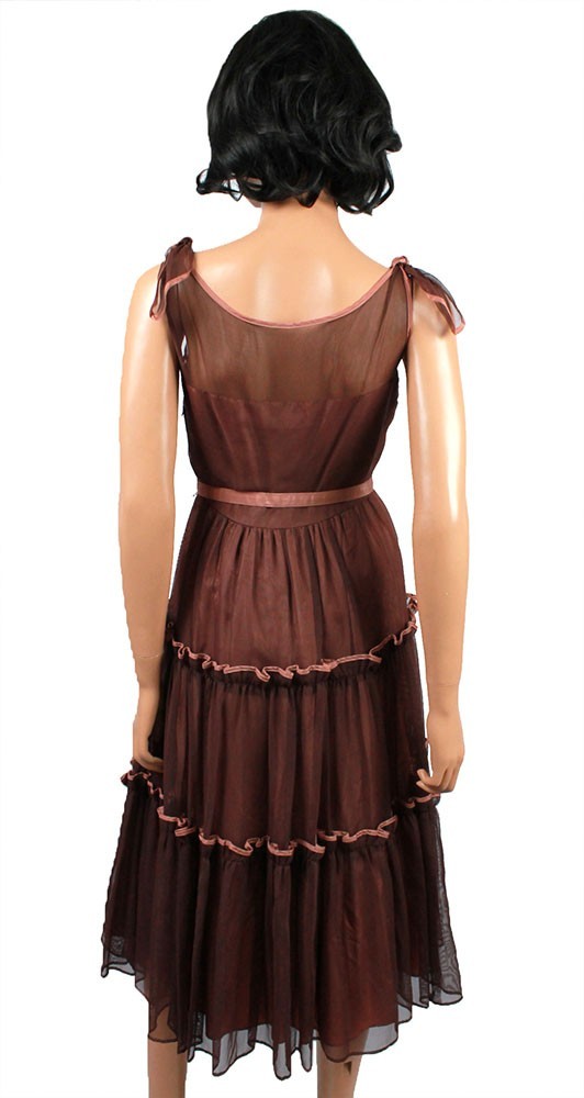 50s Prom Dress XS Vintage Sleeveless Brown Tiered Tulle Cocktail Evening Gown