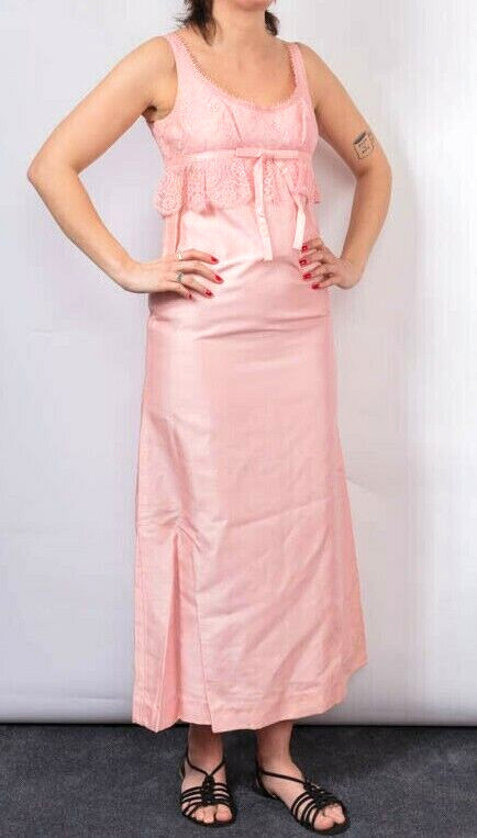 JEAN VARON pink column lace silk prom maxi dress VTG Size 12 Empire line 1960’s