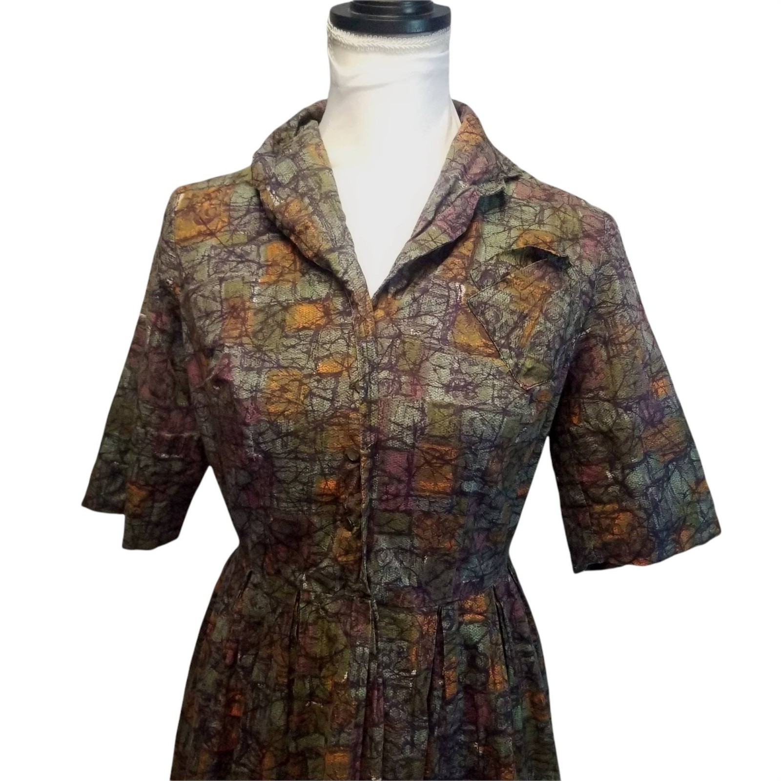 Vintage 1950s Abstract Pollock Print Day Dress, Atomic MCM Midcentury Shirtwaist