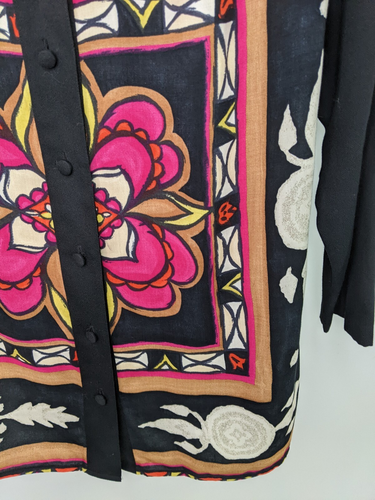 Vintage 90s Floral Blouse Black Pink Stained Glass Look Black Brown Womens L XL