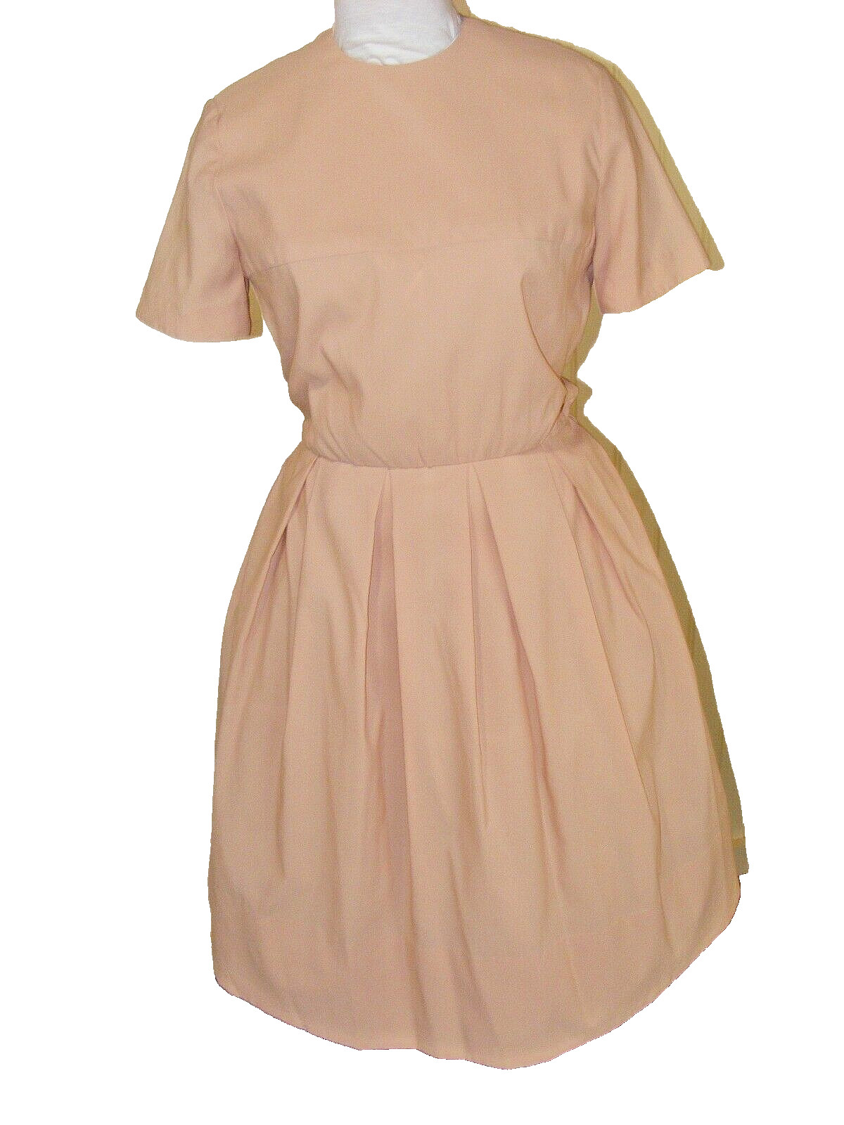 60S DRESS BEIGE NYON CREPE PLEATED SKIRT SHORT SLEEVE VINTAGE CLOTHING 38/30/46″